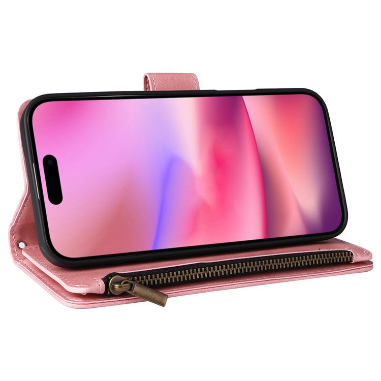 For iPhone 16 Case Zipper Pocket PU Leather Wallet Phone Stand Cover with Strap - Pink