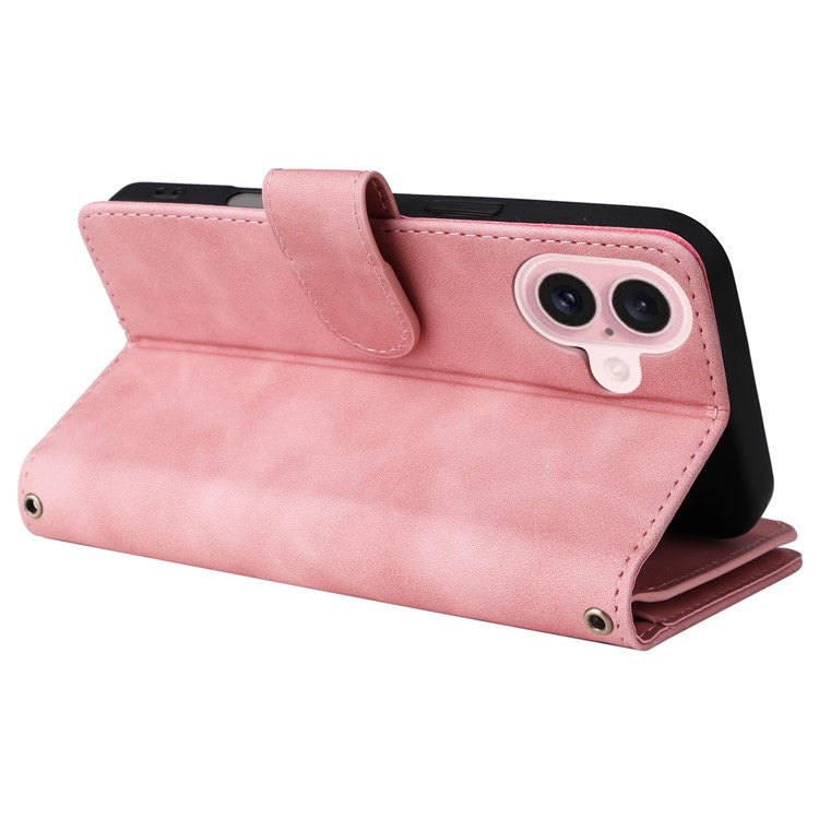 For iPhone 16 Case Zipper Pocket PU Leather Wallet Phone Stand Cover with Strap - Pink