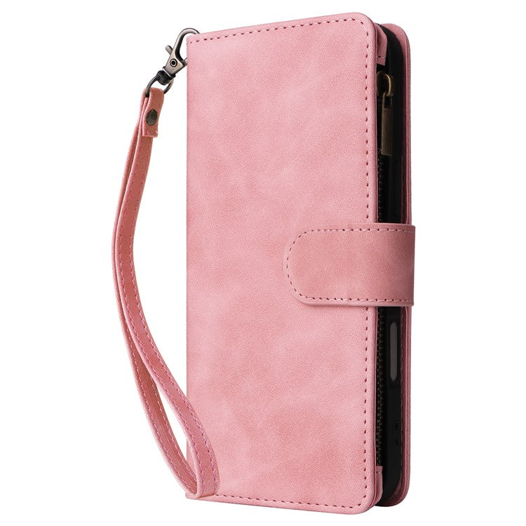 For iPhone 16 Case Zipper Pocket PU Leather Wallet Phone Stand Cover with Strap - Pink