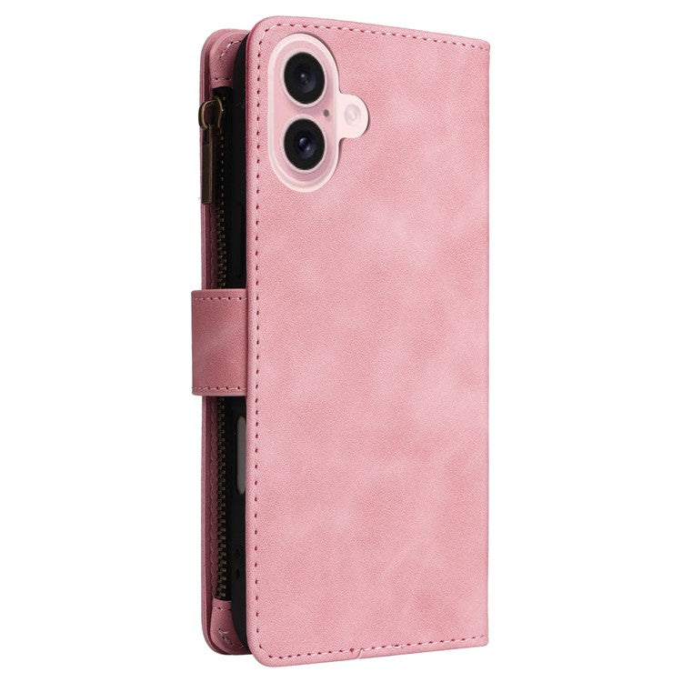 For iPhone 16 Case Zipper Pocket PU Leather Wallet Phone Stand Cover with Strap - Pink