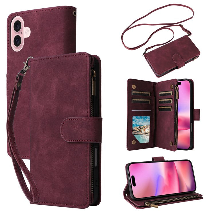 For iPhone 16 Case Zipper Pocket PU Leather Wallet Phone Stand Cover with Strap - Wine Red