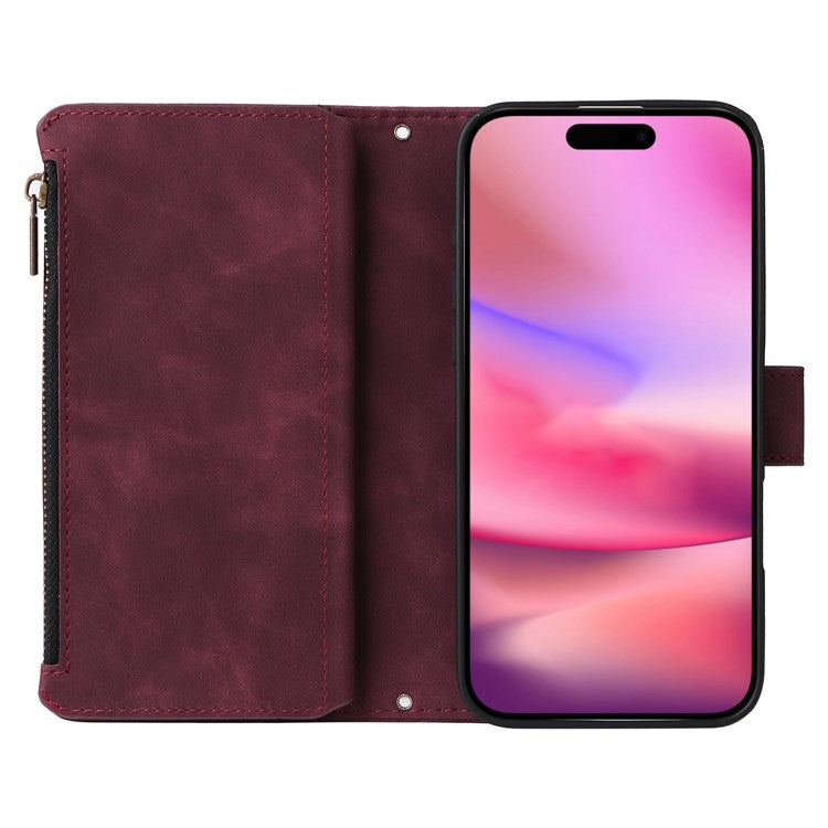 For iPhone 16 Case Zipper Pocket PU Leather Wallet Phone Stand Cover with Strap - Wine Red