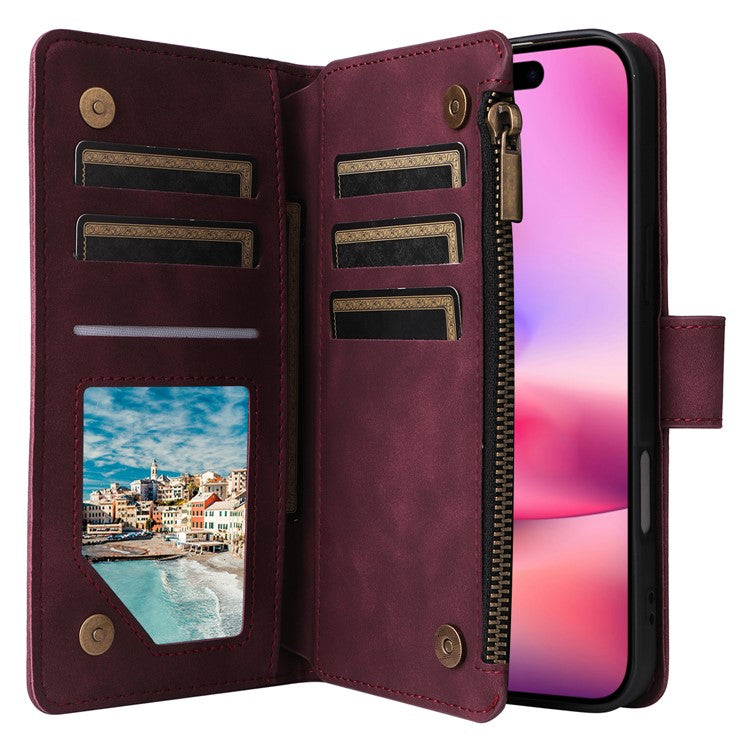 For iPhone 16 Case Zipper Pocket PU Leather Wallet Phone Stand Cover with Strap - Wine Red