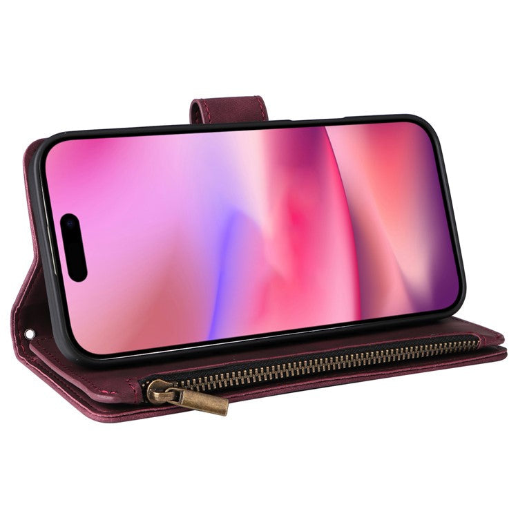 For iPhone 16 Case Zipper Pocket PU Leather Wallet Phone Stand Cover with Strap - Wine Red