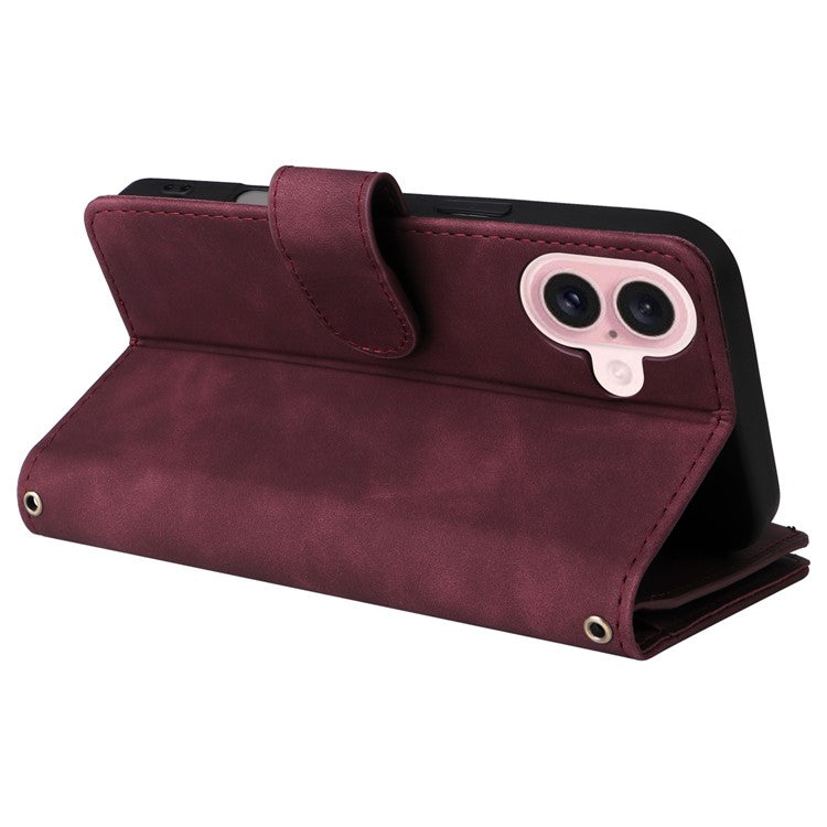 For iPhone 16 Case Zipper Pocket PU Leather Wallet Phone Stand Cover with Strap - Wine Red