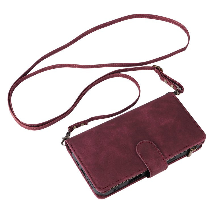 For iPhone 16 Case Zipper Pocket PU Leather Wallet Phone Stand Cover with Strap - Wine Red