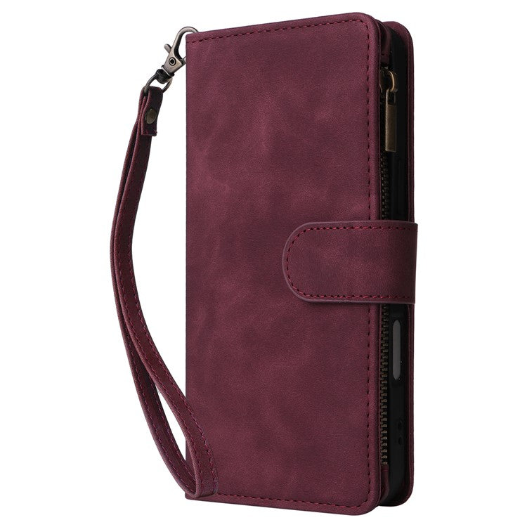 For iPhone 16 Case Zipper Pocket PU Leather Wallet Phone Stand Cover with Strap - Wine Red