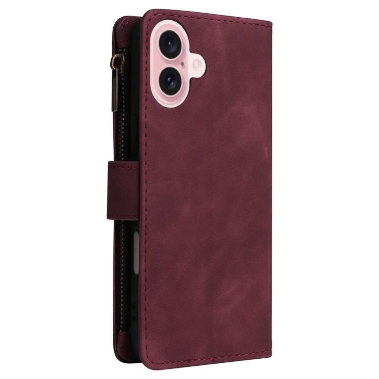 For iPhone 16 Case Zipper Pocket PU Leather Wallet Phone Stand Cover with Strap - Wine Red