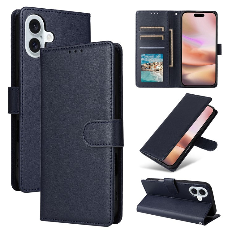 For iPhone 16 Plus Wallet Case 3 Card Slots Slim-Fit PU Leather Stand Phone Cover - Blue