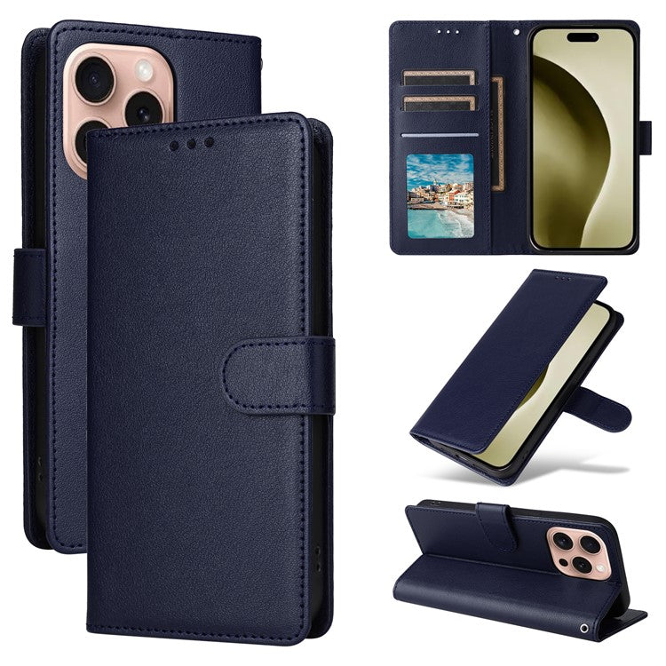 For iPhone 16 Pro Wallet Case 3 Card Slots Slim-Fit PU Leather Stand Phone Cover - Blue