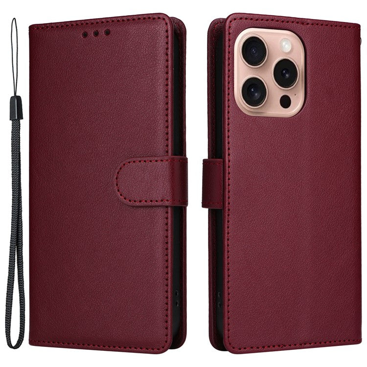 For iPhone 16 Pro Wallet Case 3 Card Slots Slim-Fit PU Leather Stand Phone Cover - Wine Red