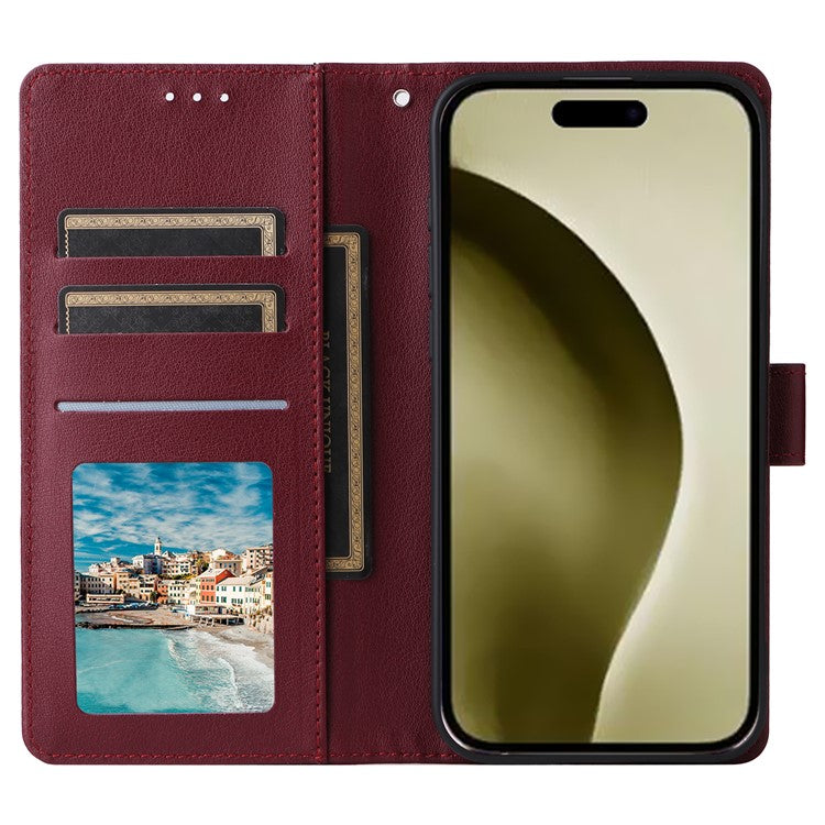 For iPhone 16 Pro Wallet Case 3 Card Slots Slim-Fit PU Leather Stand Phone Cover - Wine Red