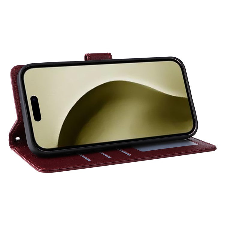 For iPhone 16 Pro Wallet Case 3 Card Slots Slim-Fit PU Leather Stand Phone Cover - Wine Red