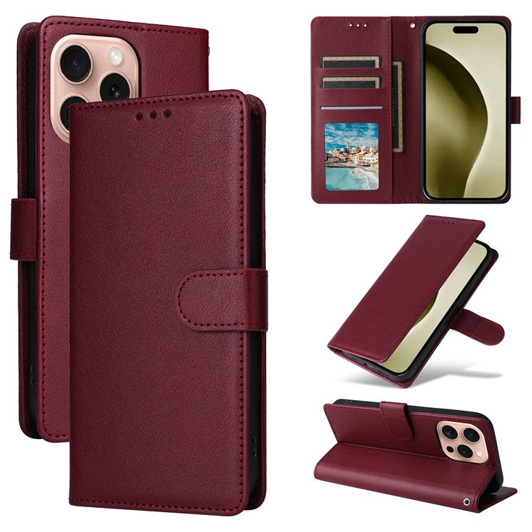 For iPhone 16 Pro Wallet Case 3 Card Slots Slim-Fit PU Leather Stand Phone Cover - Wine Red