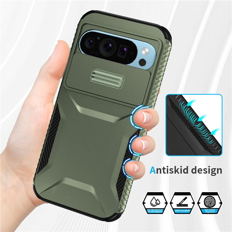 For Google Pixel 9 Pro / 9 Case TPU+PC Non-Slip Side Edge Phone Cover with Lens Lid - Green