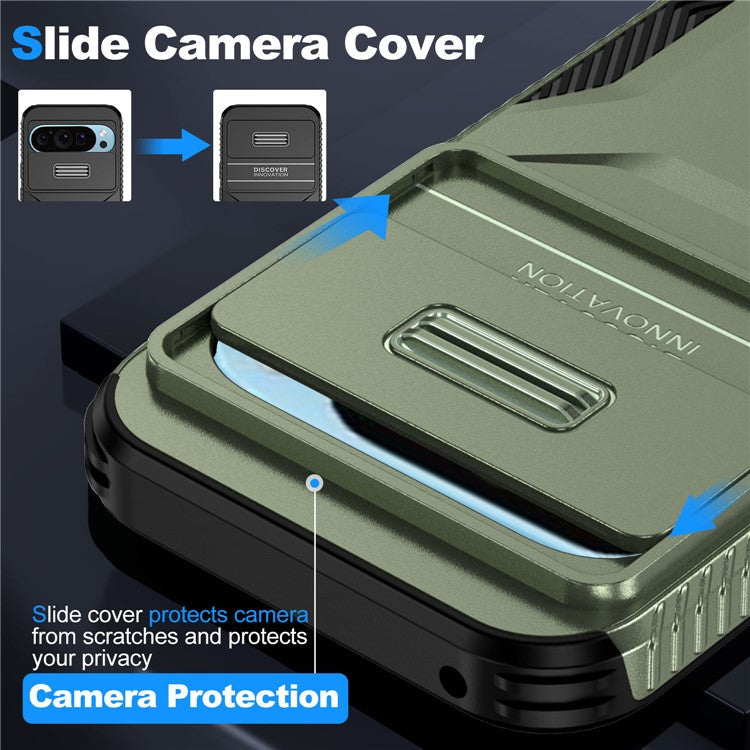 For Google Pixel 9 Pro / 9 Case TPU+PC Non-Slip Side Edge Phone Cover with Lens Lid - Green