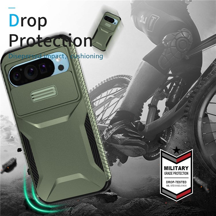 For Google Pixel 9 Pro / 9 Case TPU+PC Non-Slip Side Edge Phone Cover with Lens Lid - Green