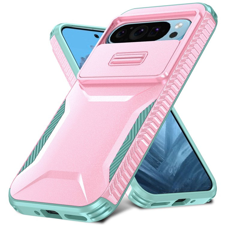 For Google Pixel 9 Pro / 9 Case TPU+PC Non-Slip Side Edge Phone Cover with Lens Lid - Pink / Grey Green
