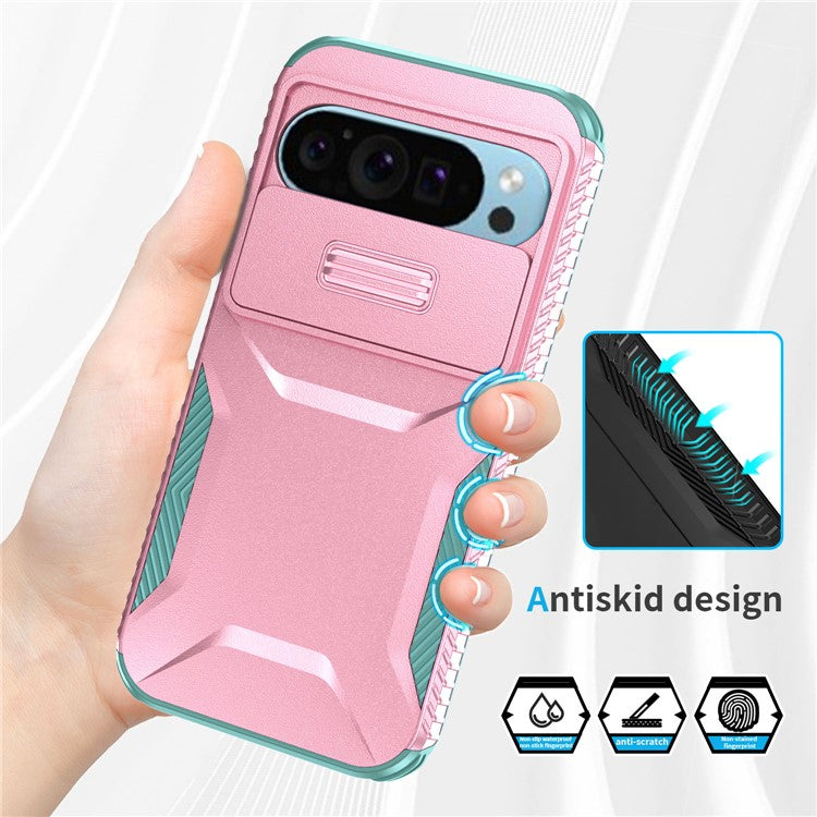 For Google Pixel 9 Pro / 9 Case TPU+PC Non-Slip Side Edge Phone Cover with Lens Lid - Pink / Grey Green