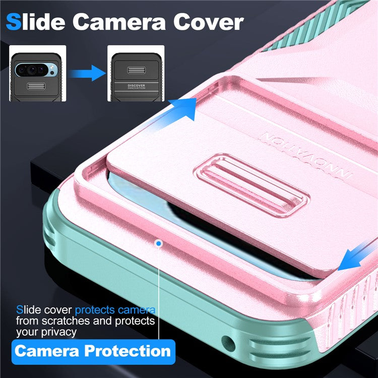For Google Pixel 9 Pro / 9 Case TPU+PC Non-Slip Side Edge Phone Cover with Lens Lid - Pink / Grey Green