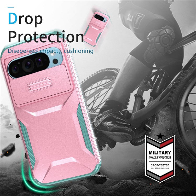 For Google Pixel 9 Pro / 9 Case TPU+PC Non-Slip Side Edge Phone Cover with Lens Lid - Pink / Grey Green