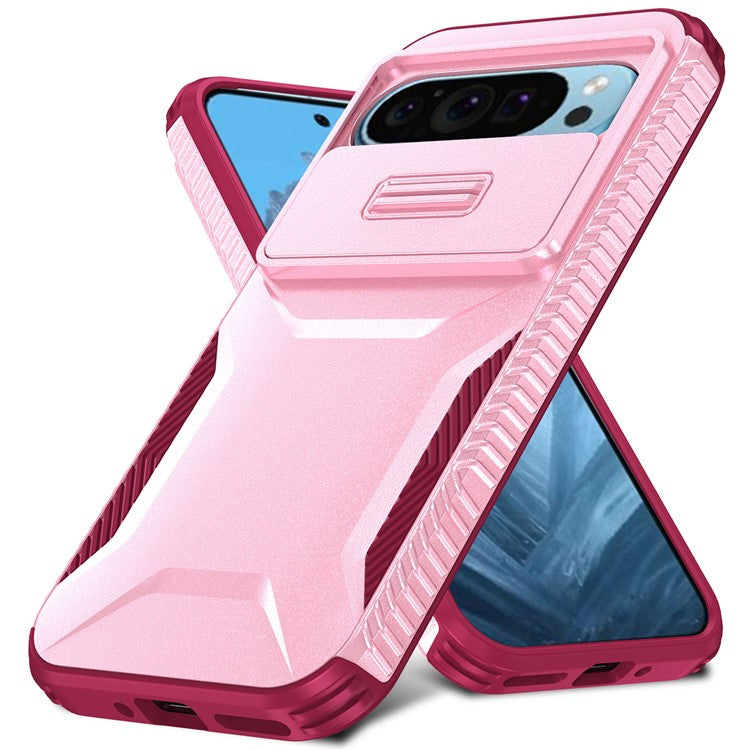 For Google Pixel 9 Pro / 9 Case TPU+PC Non-Slip Side Edge Phone Cover with Lens Lid - Pink / Wine Red