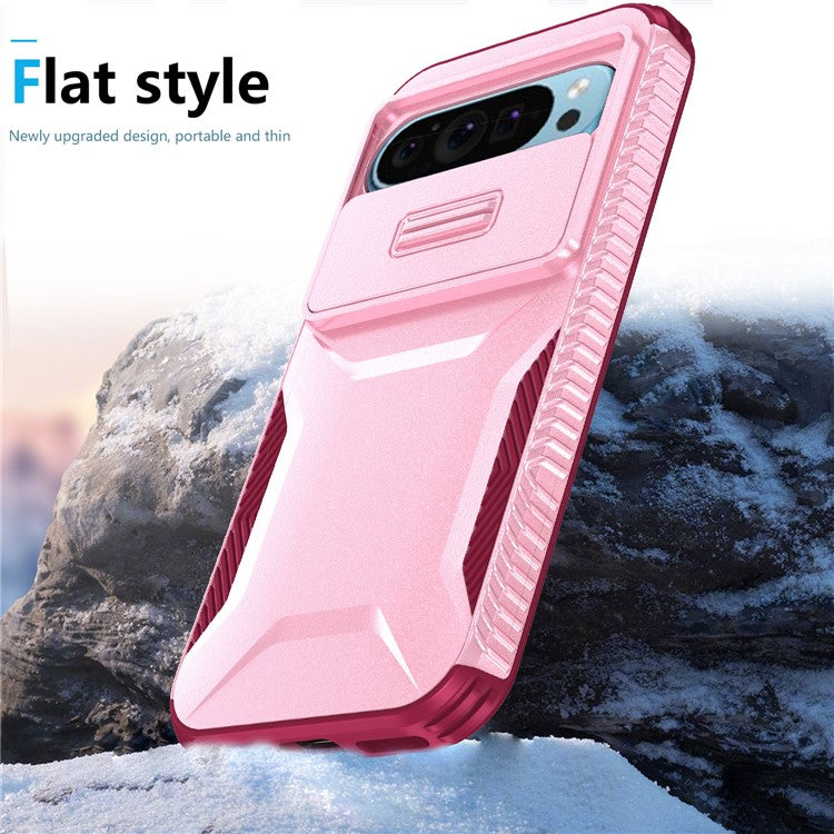 For Google Pixel 9 Pro / 9 Case TPU+PC Non-Slip Side Edge Phone Cover with Lens Lid - Pink / Wine Red