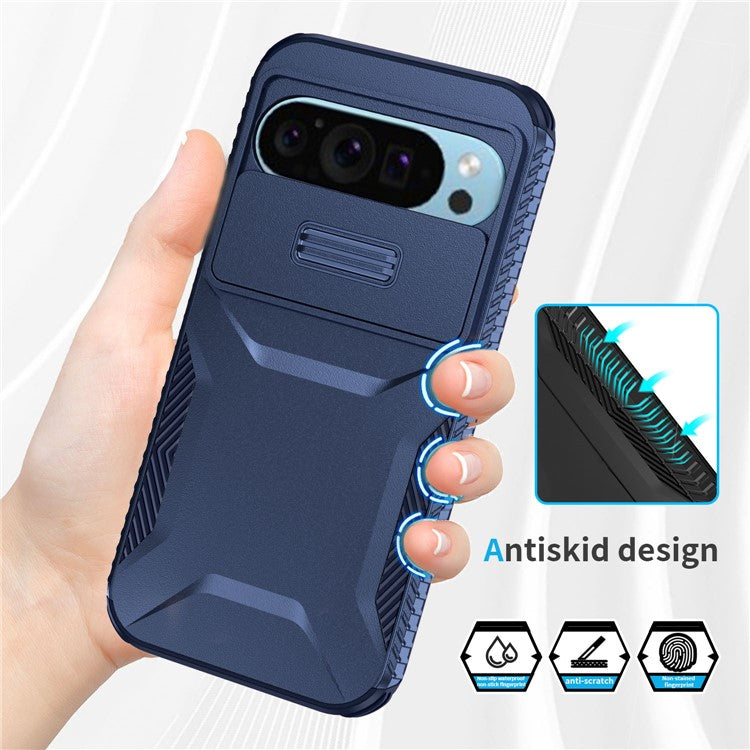 For Google Pixel 9 Pro / 9 Case TPU+PC Non-Slip Side Edge Phone Cover with Lens Lid - Blue