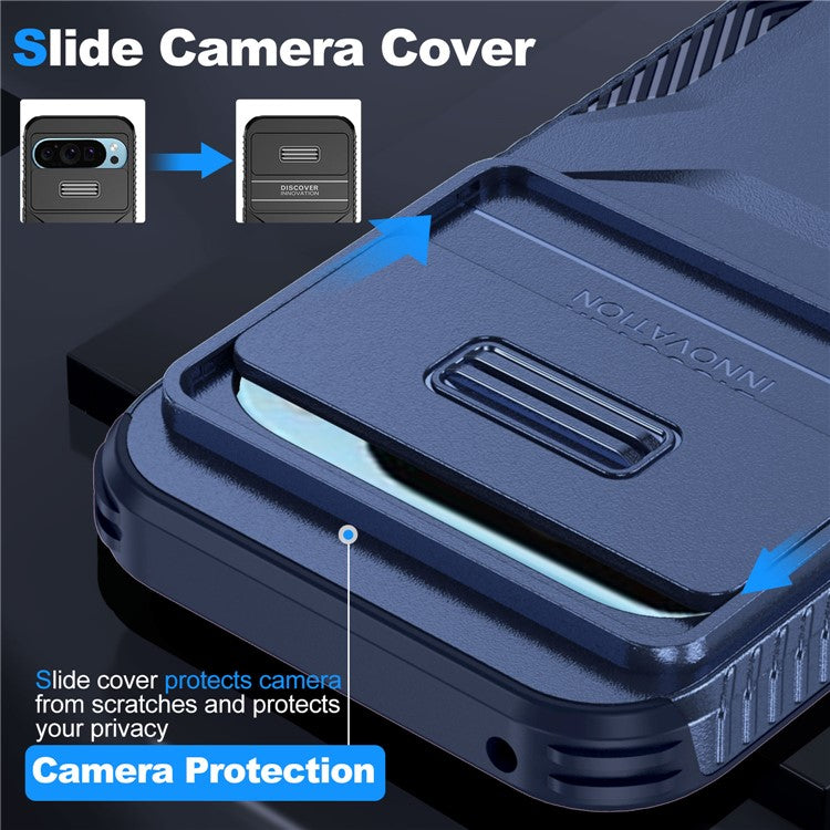 For Google Pixel 9 Pro / 9 Case TPU+PC Non-Slip Side Edge Phone Cover with Lens Lid - Blue