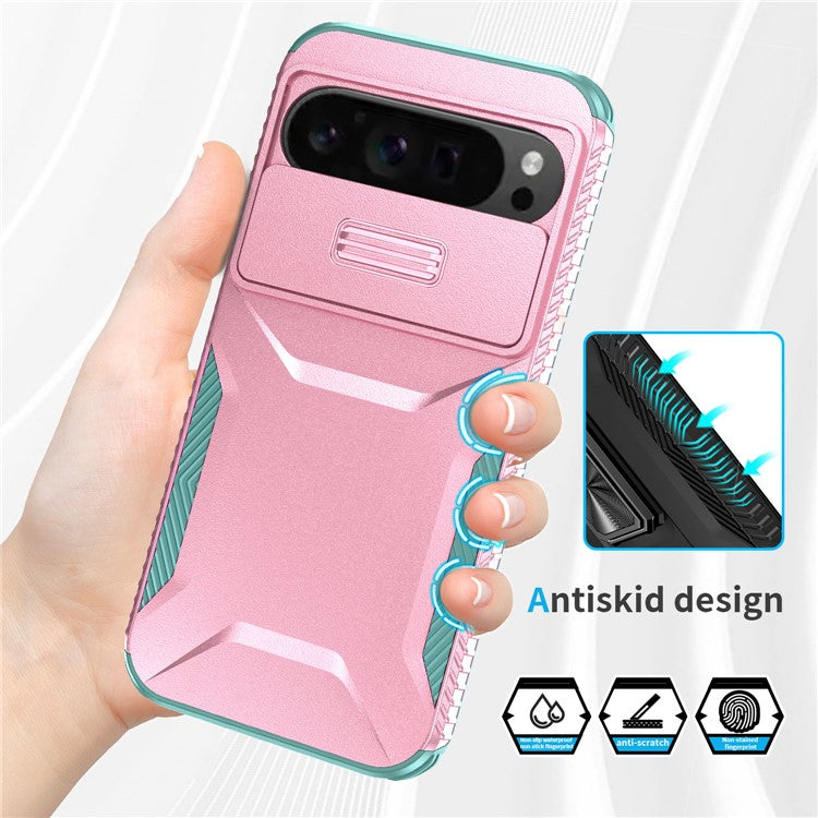 For Google Pixel 9 Pro XL Case TPU+PC Non-Slip Side Edge Phone Cover with Lens Lid - Pink / Grey Green