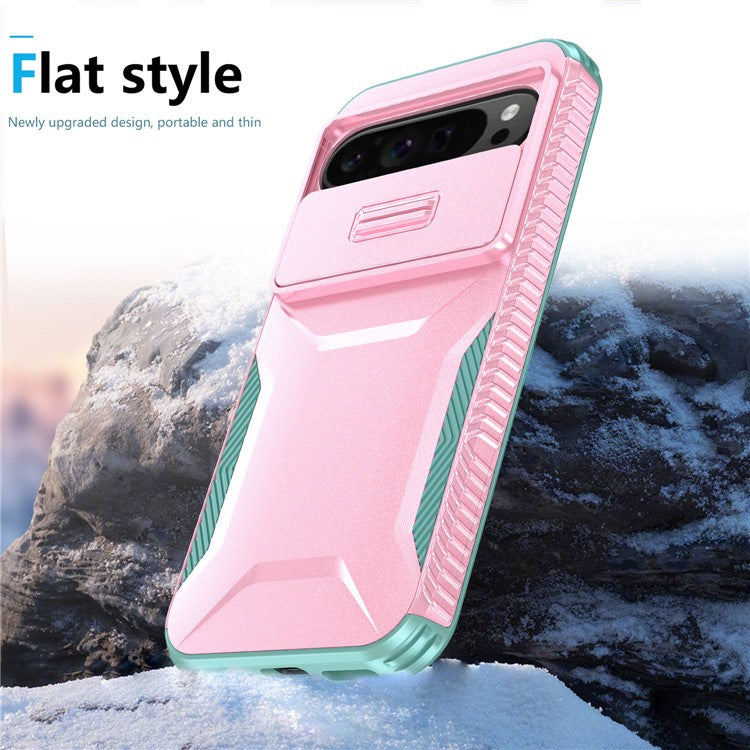 For Google Pixel 9 Pro XL Case TPU+PC Non-Slip Side Edge Phone Cover with Lens Lid - Pink / Grey Green