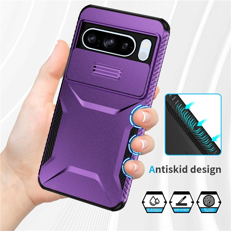 For Google Pixel 8 Pro Phone Case TPU+PC Non-Slip Side Edge Phone Cover with Lens Lid - Purple