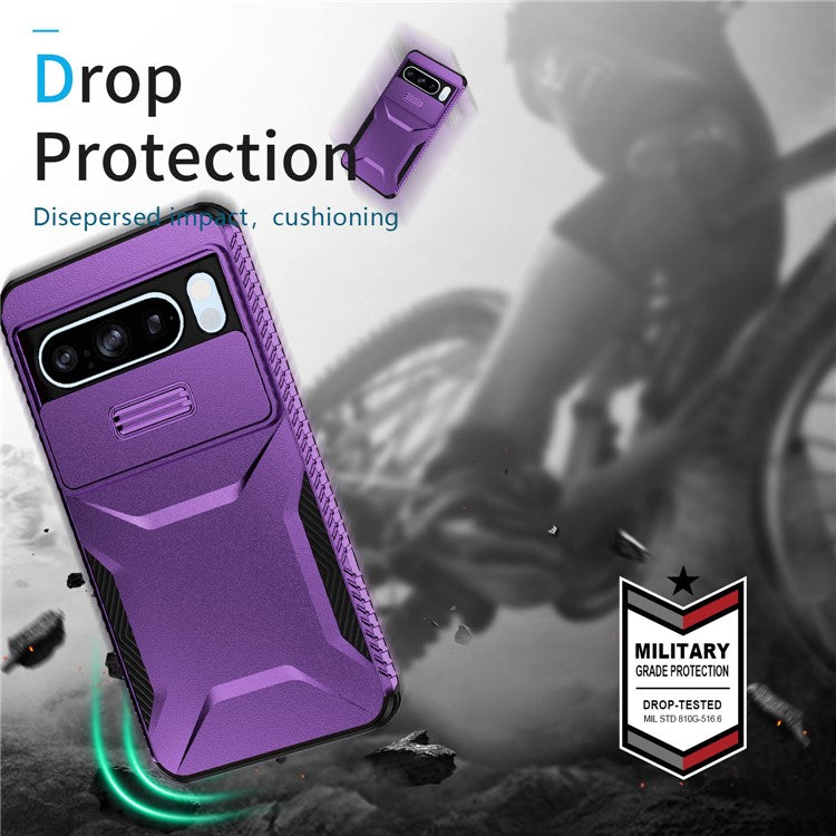 For Google Pixel 8 Pro Phone Case TPU+PC Non-Slip Side Edge Phone Cover with Lens Lid - Purple
