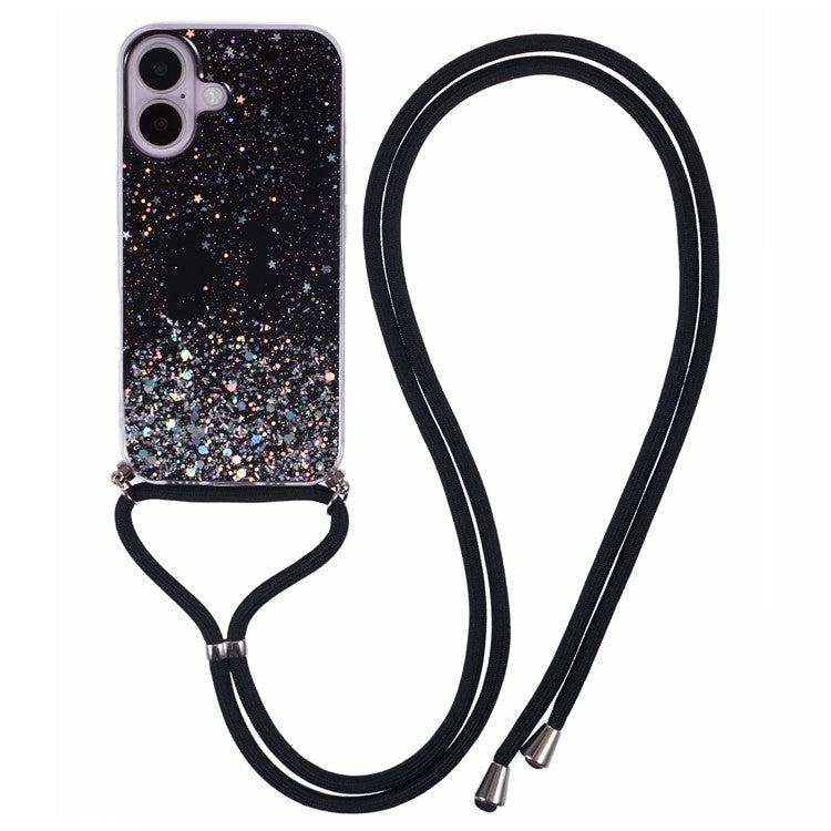 AW Series For iPhone 16 Plus Case Soft TPU Sparkle Epoxy Phone Cover with Lanyard - Black