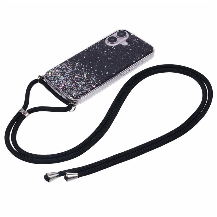 AW Series For iPhone 16 Plus Case Soft TPU Sparkle Epoxy Phone Cover with Lanyard - Black