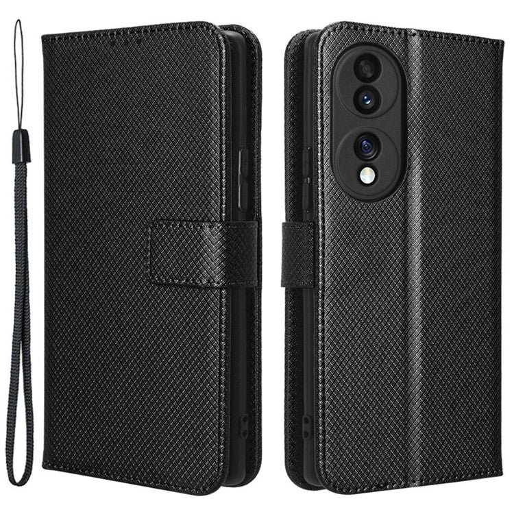 For Honor 70 5G Diamond Texture Phone Wallet Shockproof Shell PU Leather Stand Case with Wrist Strap - Black