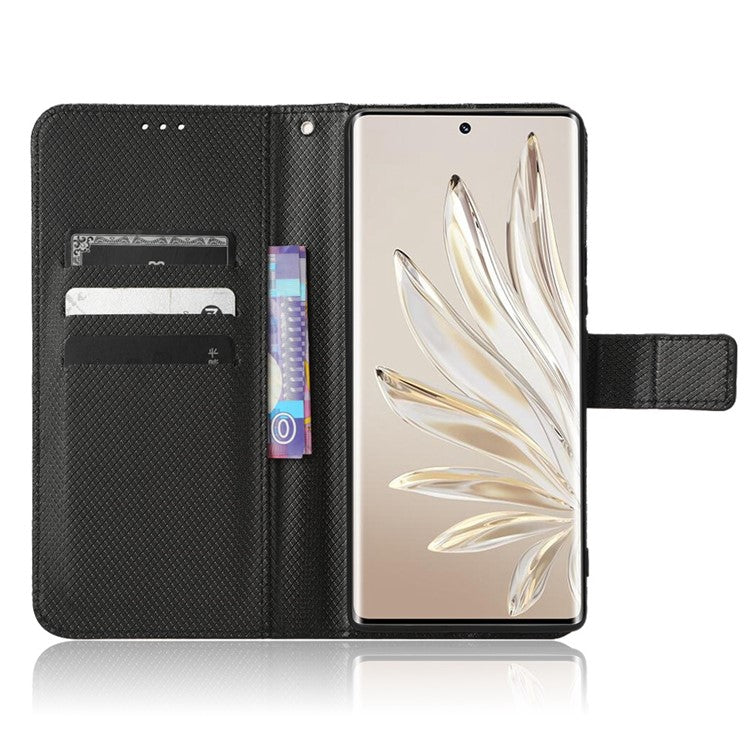 For Honor 70 5G Diamond Texture Phone Wallet Shockproof Shell PU Leather Stand Case with Wrist Strap - Black