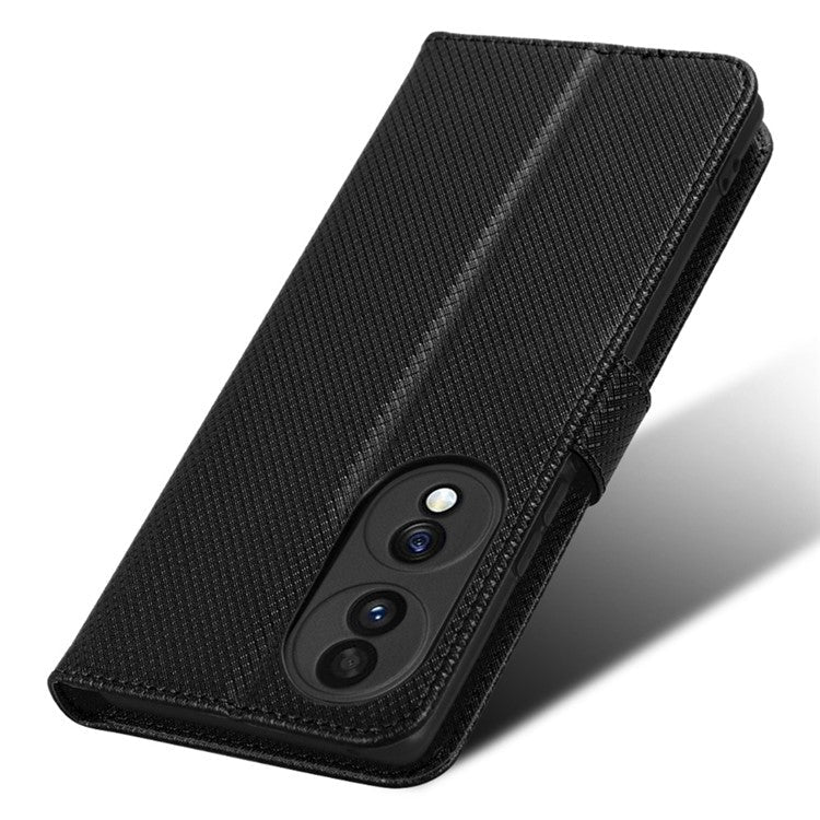 For Honor 70 5G Diamond Texture Phone Wallet Shockproof Shell PU Leather Stand Case with Wrist Strap - Black