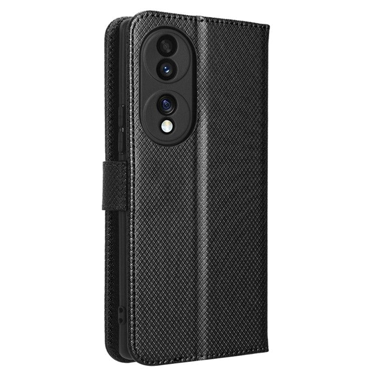 For Honor 70 5G Diamond Texture Phone Wallet Shockproof Shell PU Leather Stand Case with Wrist Strap - Black