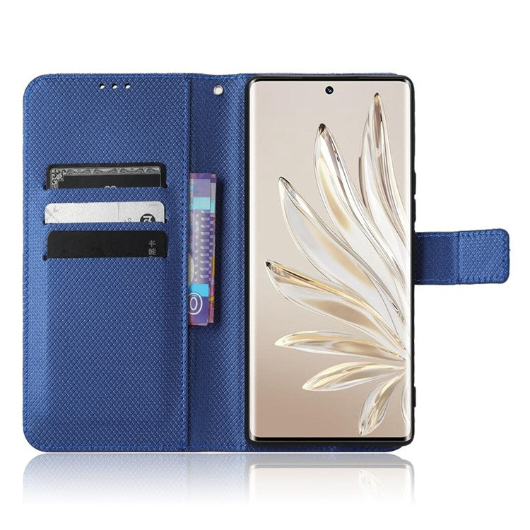 For Honor 70 5G Diamond Texture Phone Wallet Shockproof Shell PU Leather Stand Case with Wrist Strap - Blue