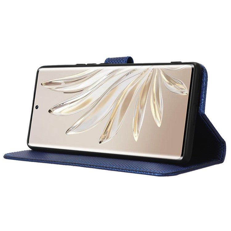 For Honor 70 5G Diamond Texture Phone Wallet Shockproof Shell PU Leather Stand Case with Wrist Strap - Blue