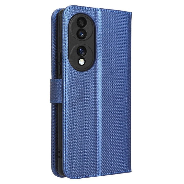 For Honor 70 5G Diamond Texture Phone Wallet Shockproof Shell PU Leather Stand Case with Wrist Strap - Blue