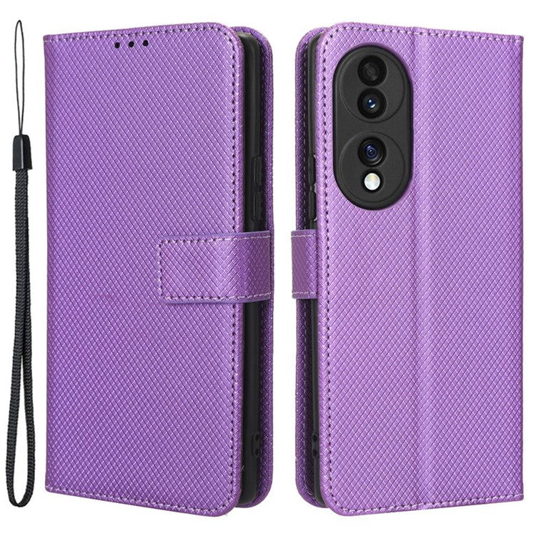 For Honor 70 5G Diamond Texture Phone Wallet Shockproof Shell PU Leather Stand Case with Wrist Strap - Purple