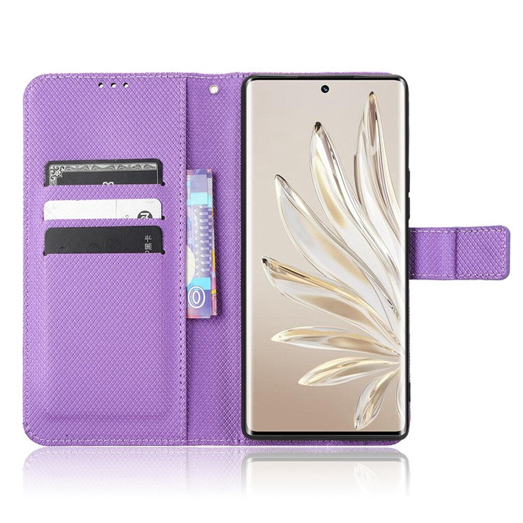 For Honor 70 5G Diamond Texture Phone Wallet Shockproof Shell PU Leather Stand Case with Wrist Strap - Purple