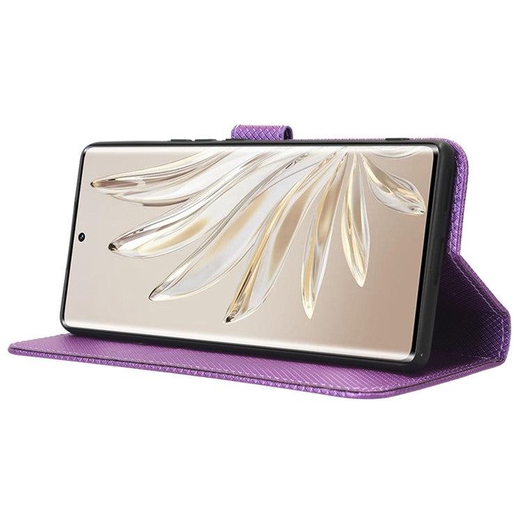 For Honor 70 5G Diamond Texture Phone Wallet Shockproof Shell PU Leather Stand Case with Wrist Strap - Purple