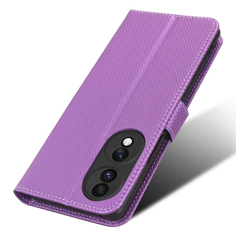 For Honor 70 5G Diamond Texture Phone Wallet Shockproof Shell PU Leather Stand Case with Wrist Strap - Purple