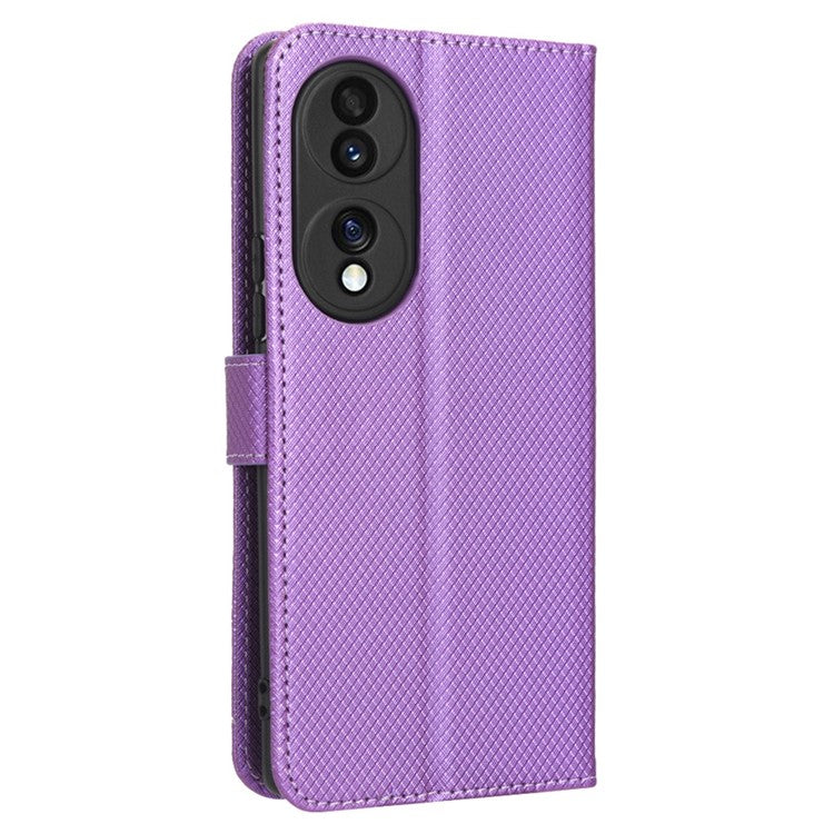 For Honor 70 5G Diamond Texture Phone Wallet Shockproof Shell PU Leather Stand Case with Wrist Strap - Purple