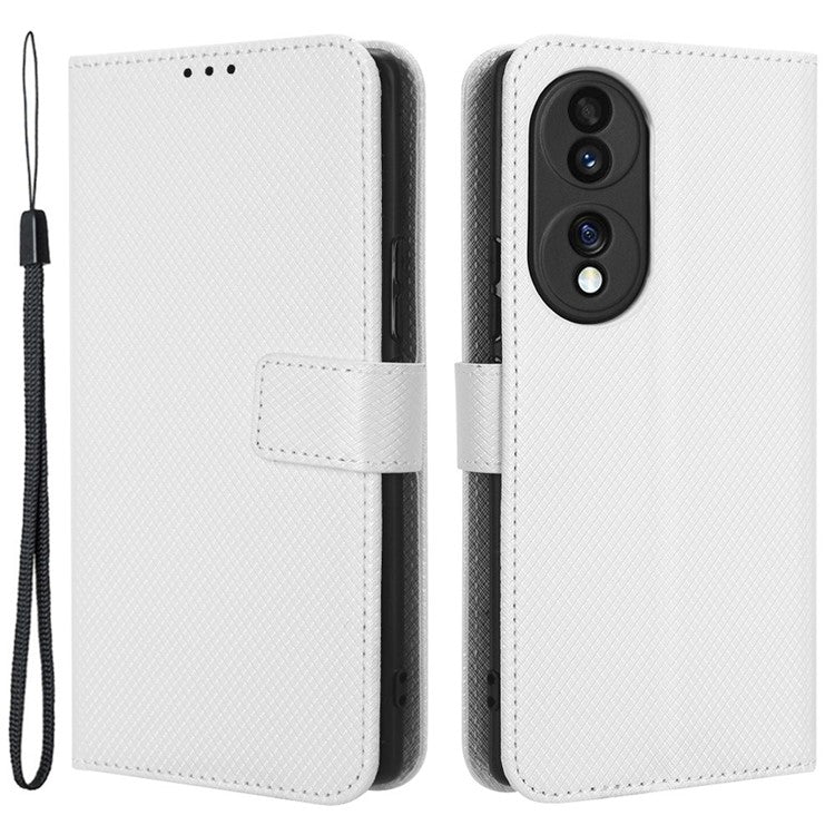 For Honor 70 5G Diamond Texture Phone Wallet Shockproof Shell PU Leather Stand Case with Wrist Strap - White