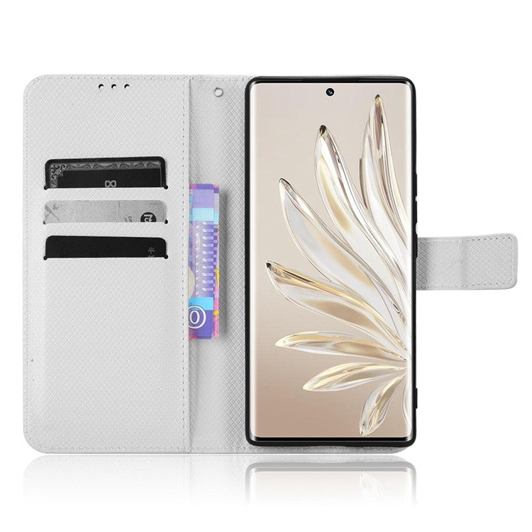 For Honor 70 5G Diamond Texture Phone Wallet Shockproof Shell PU Leather Stand Case with Wrist Strap - White