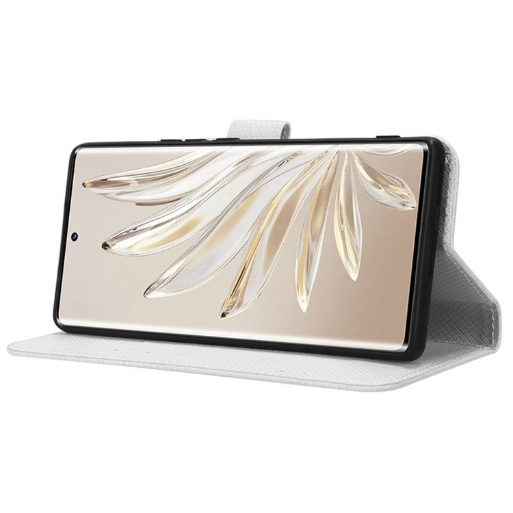 For Honor 70 5G Diamond Texture Phone Wallet Shockproof Shell PU Leather Stand Case with Wrist Strap - White
